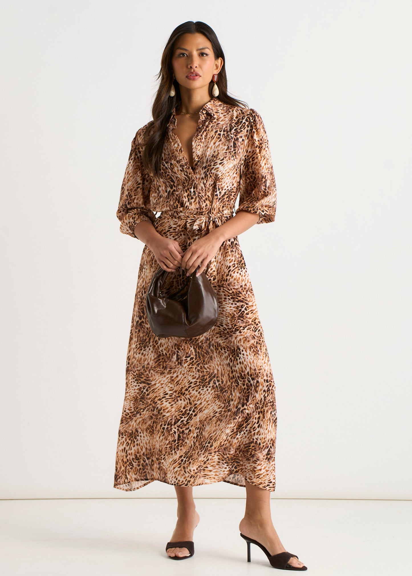 Brown Animal Printed Shirt Midi Dress