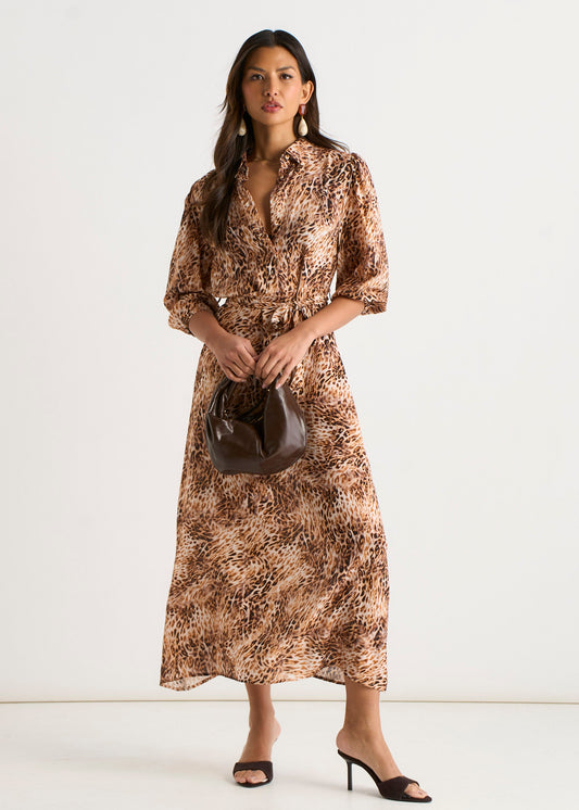 Brown Animal Printed Shirt Midi Dress