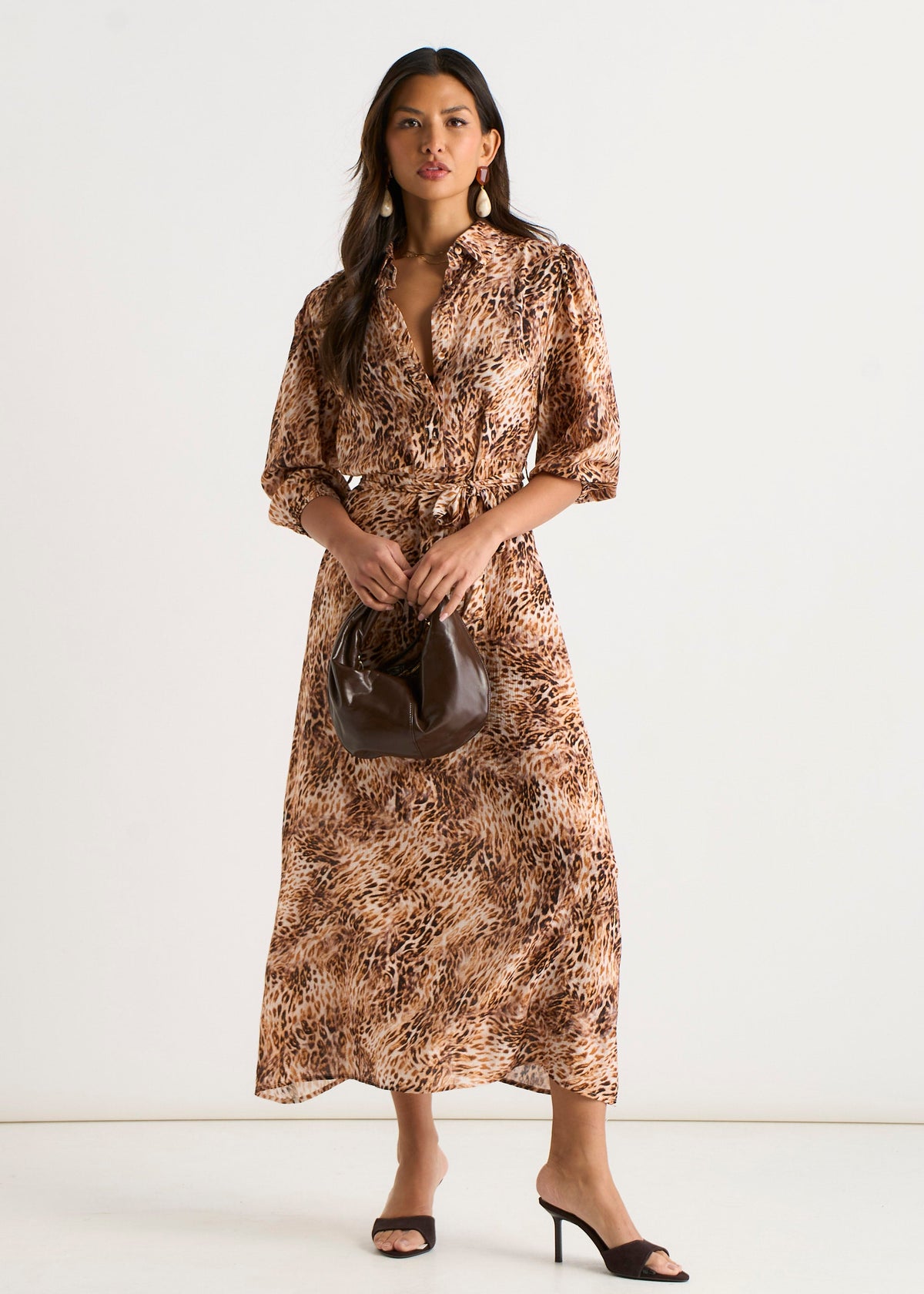 Brown Animal Printed Shirt Midi Dress