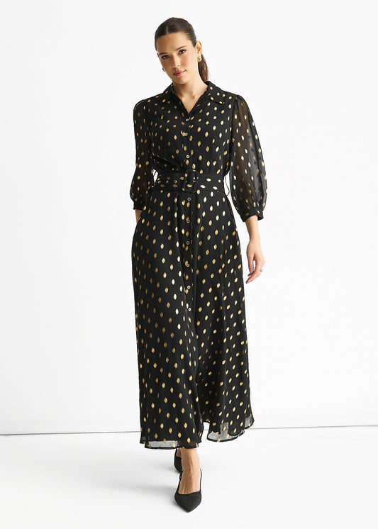 Black Chiffon Foil Belted Maxi Shirt Dress