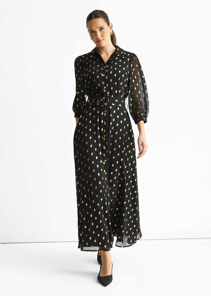 Black Chiffon Foil Belted Maxi Shirt Dress