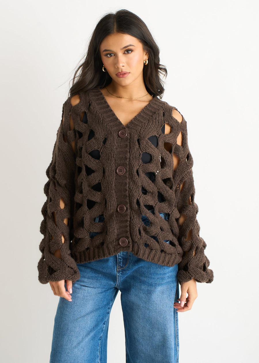Chocolate Hollow Chunky Knit Cardigan