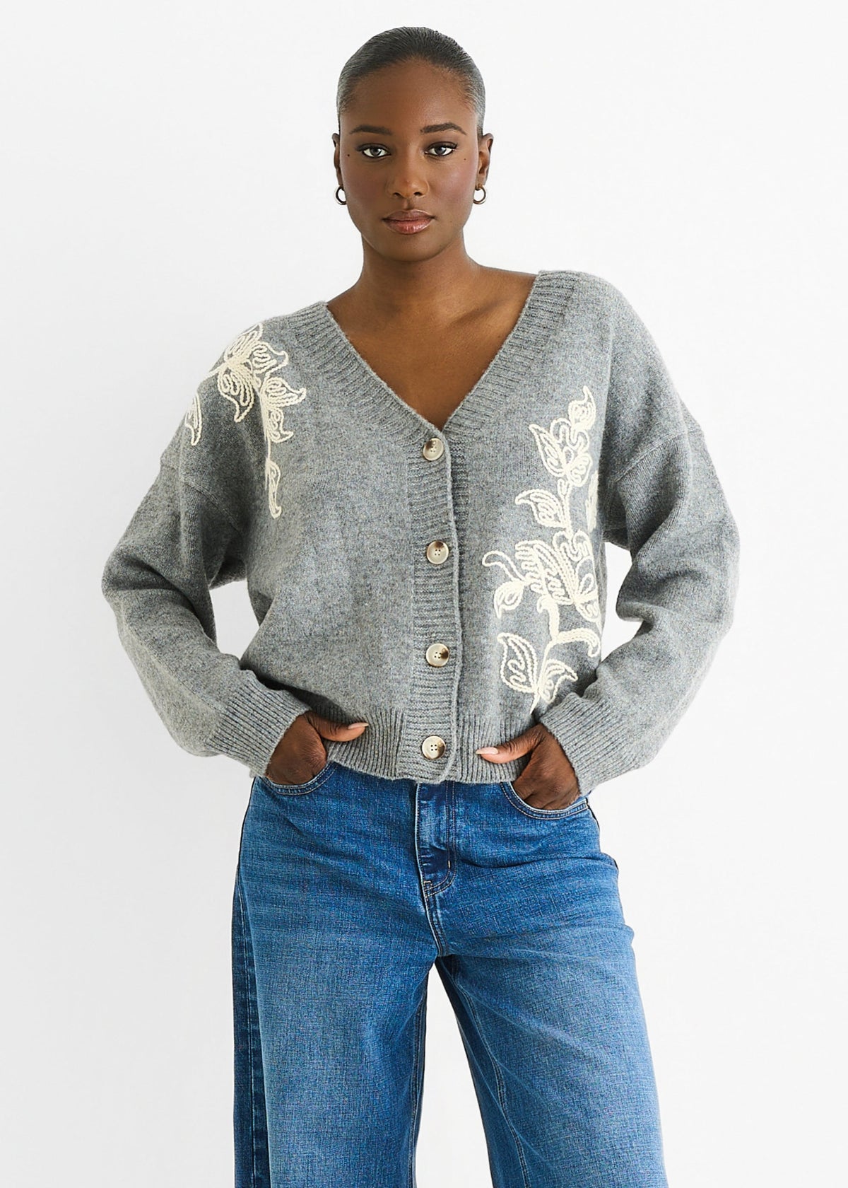 Grey Floral Appliqué Wool Mix Cardigan