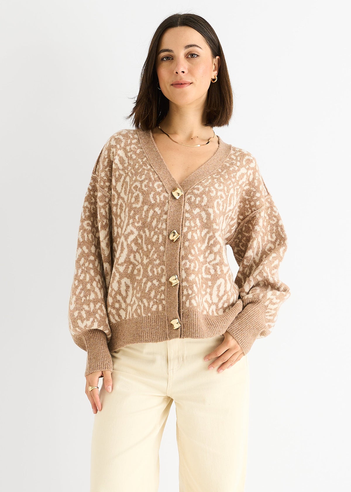 Camel Animal Print Wool Mix Cardigan Look Jumper