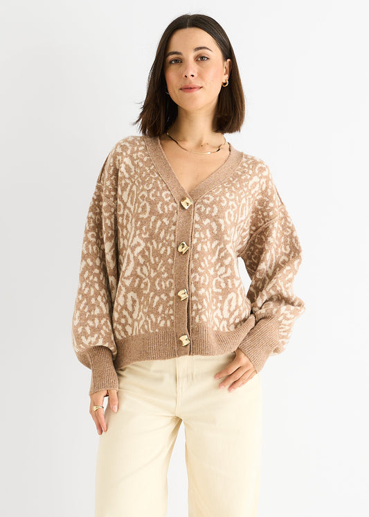 Camel Animal Print Wool Mix Cardigan Look Jumper