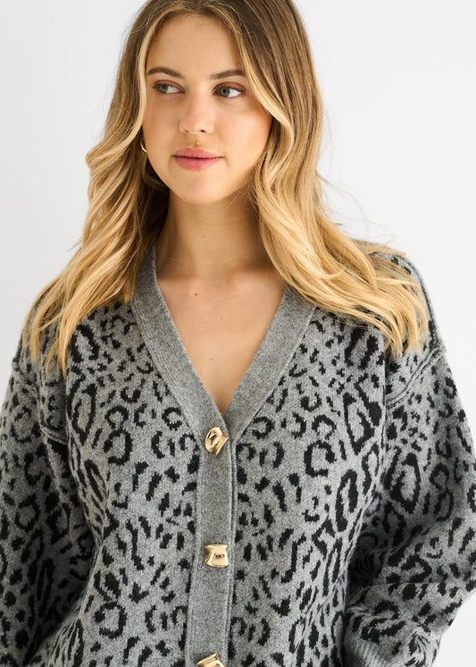 Grey Animal Print Wool Mix Cardigan Look Jumper