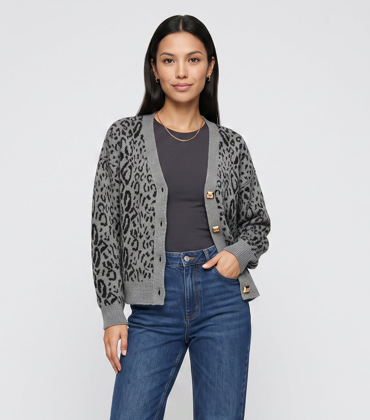 Grey Animal Print Wool Mix Cardigan Look Jumper