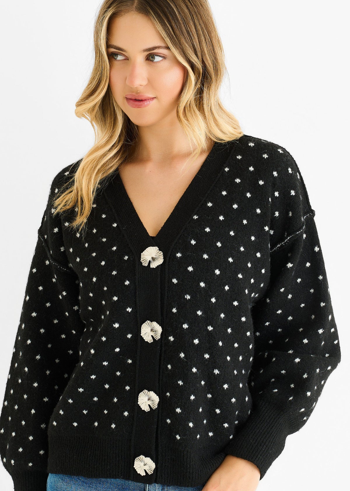Black Spot Print Button Cardigan Look Jumper