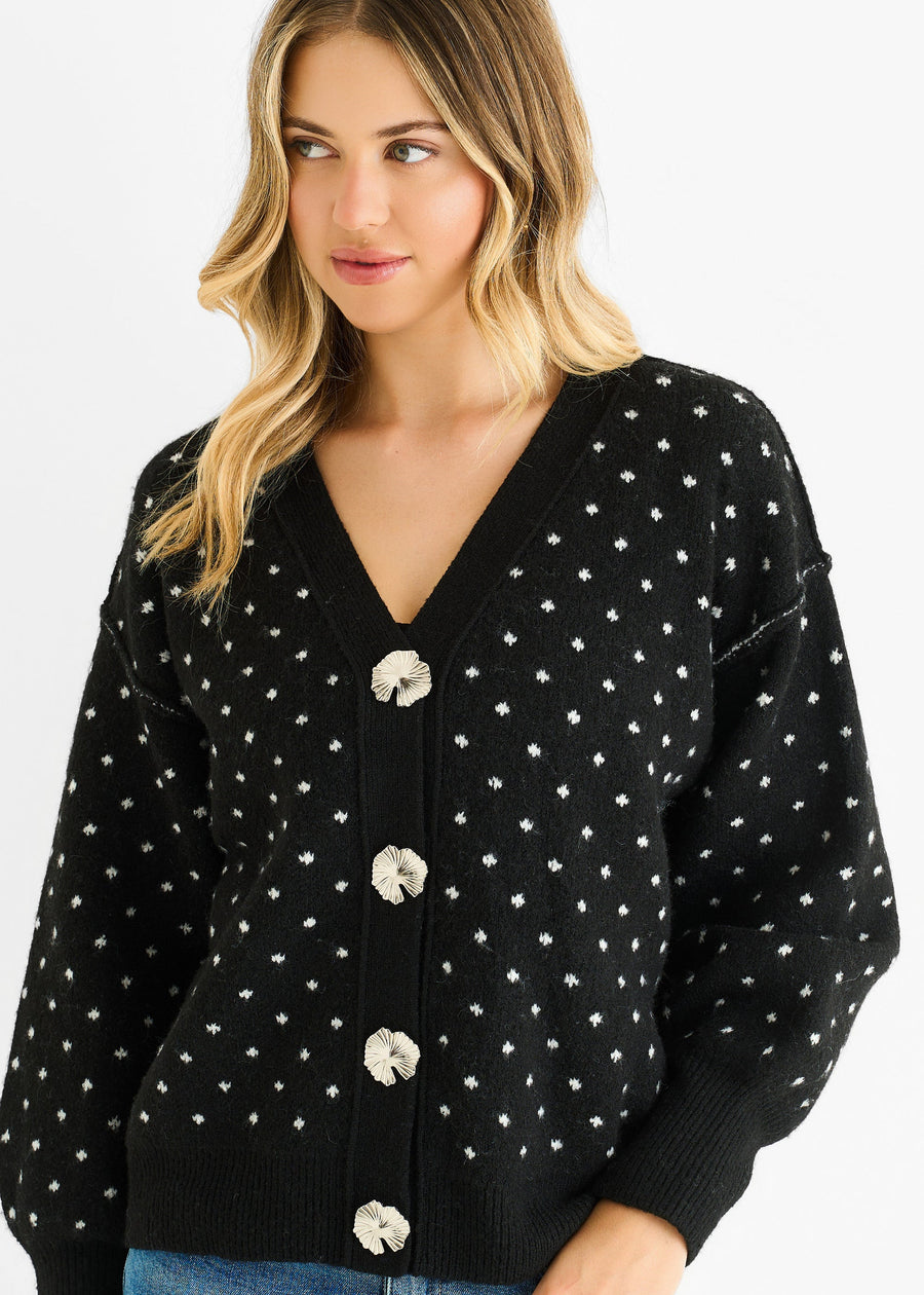 Black Spot Print Button Cardigan Look Jumper