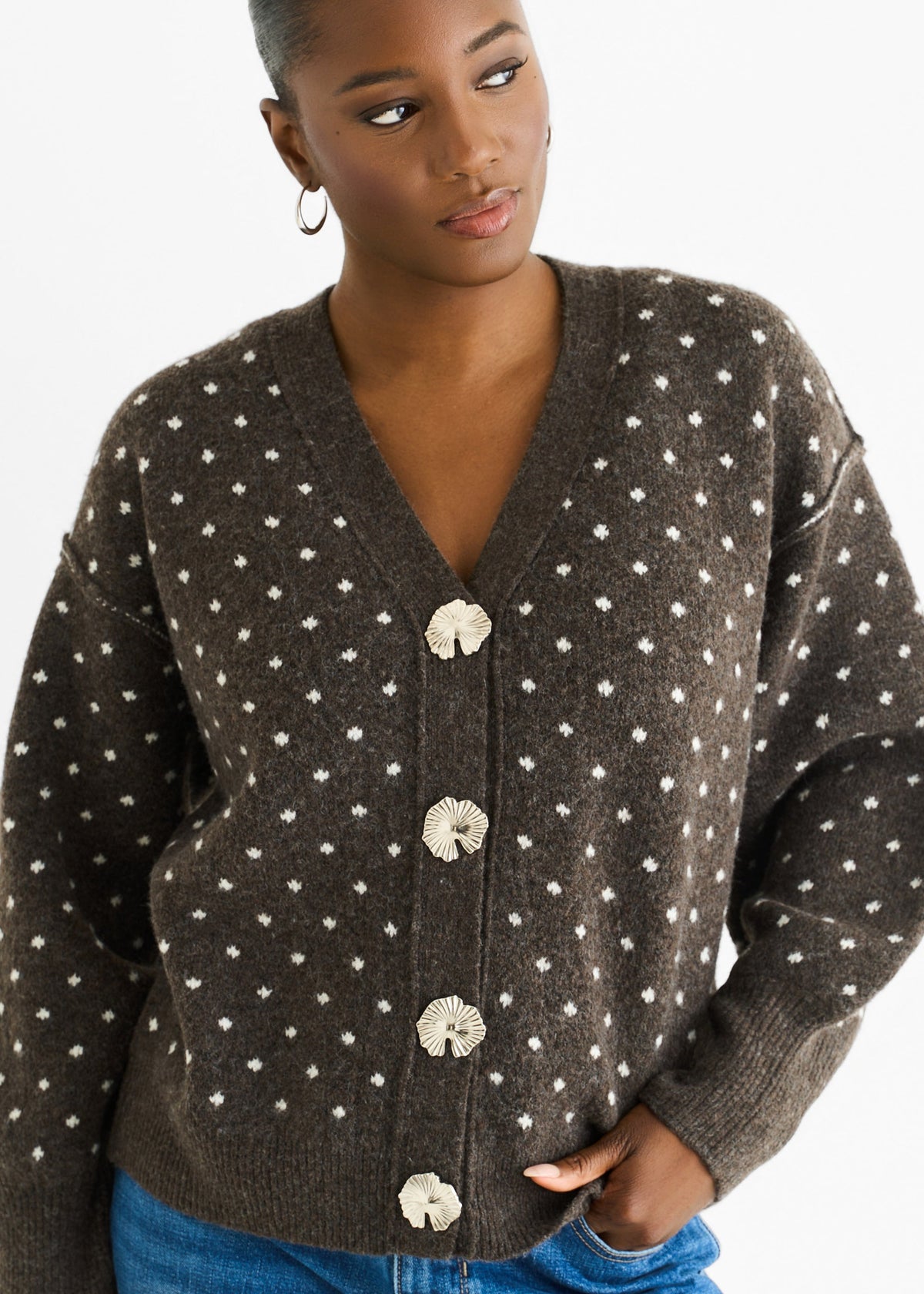 Chocolate Spot Print Button Cardigan Look Jumper