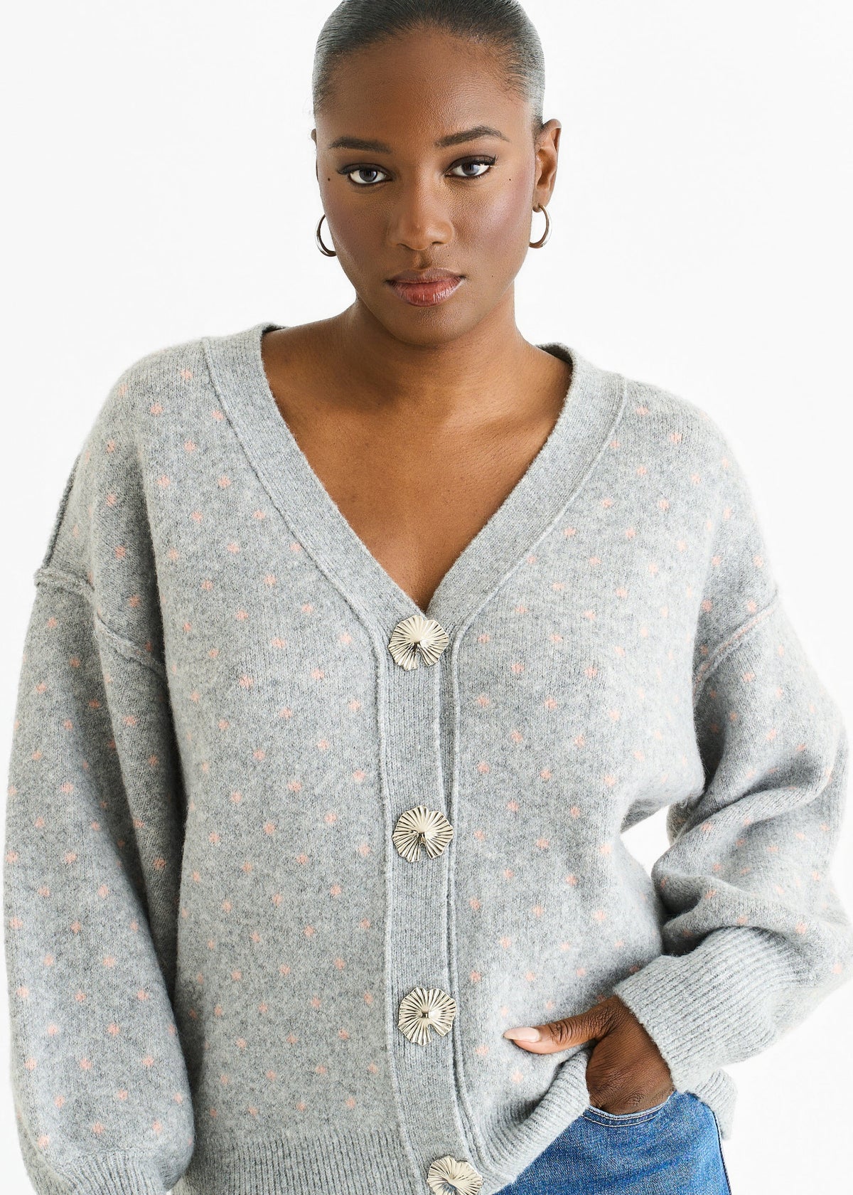 Grey Spot Print Button Cardigan Look Jumper
