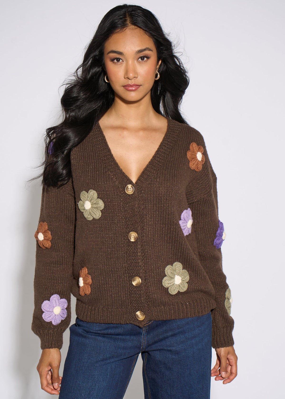 Brown 3D Floral Sleeves Knit Cardigan