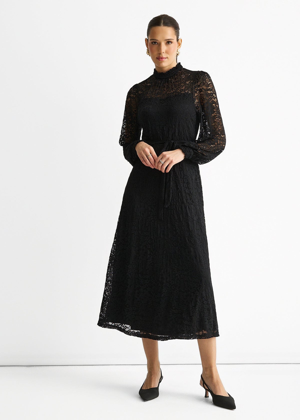 Black High Neck Jersey Lace Occasion Midi Dress