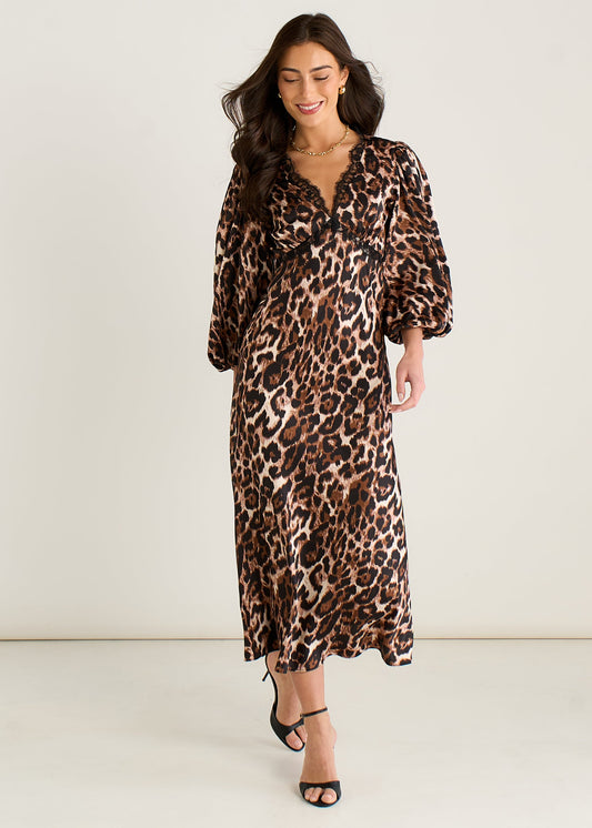 Brown Animal Lace Trim Satin Bias Midi Dress