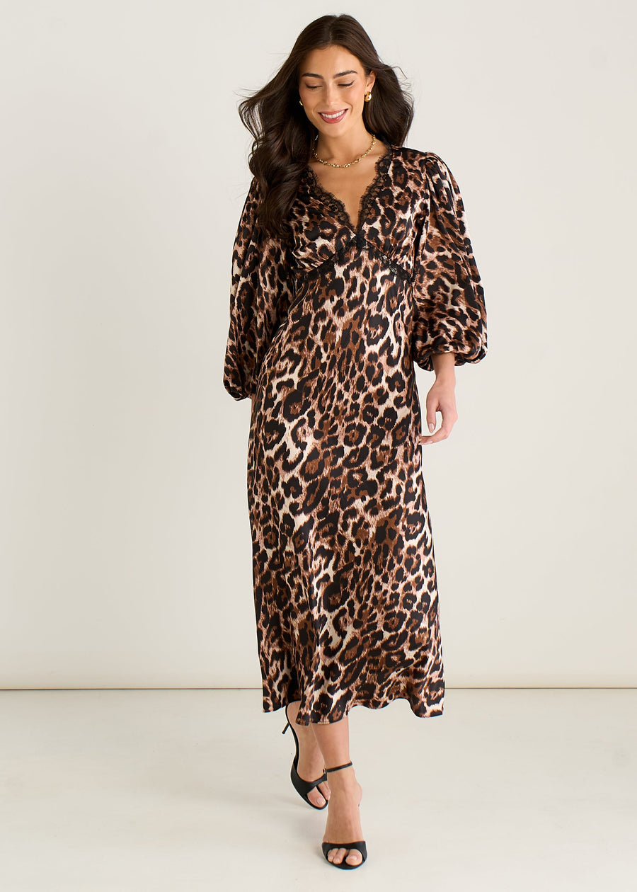 Brown Animal Lace Trim Satin Bias Midi Dress