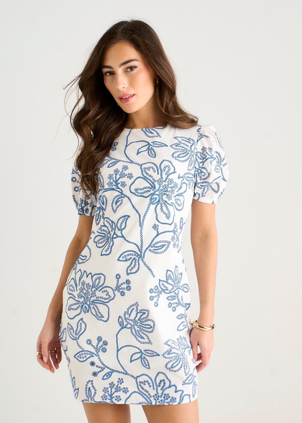 White & Blue Floral Print Mini Dress - UK 8 / US 4 / EU 36