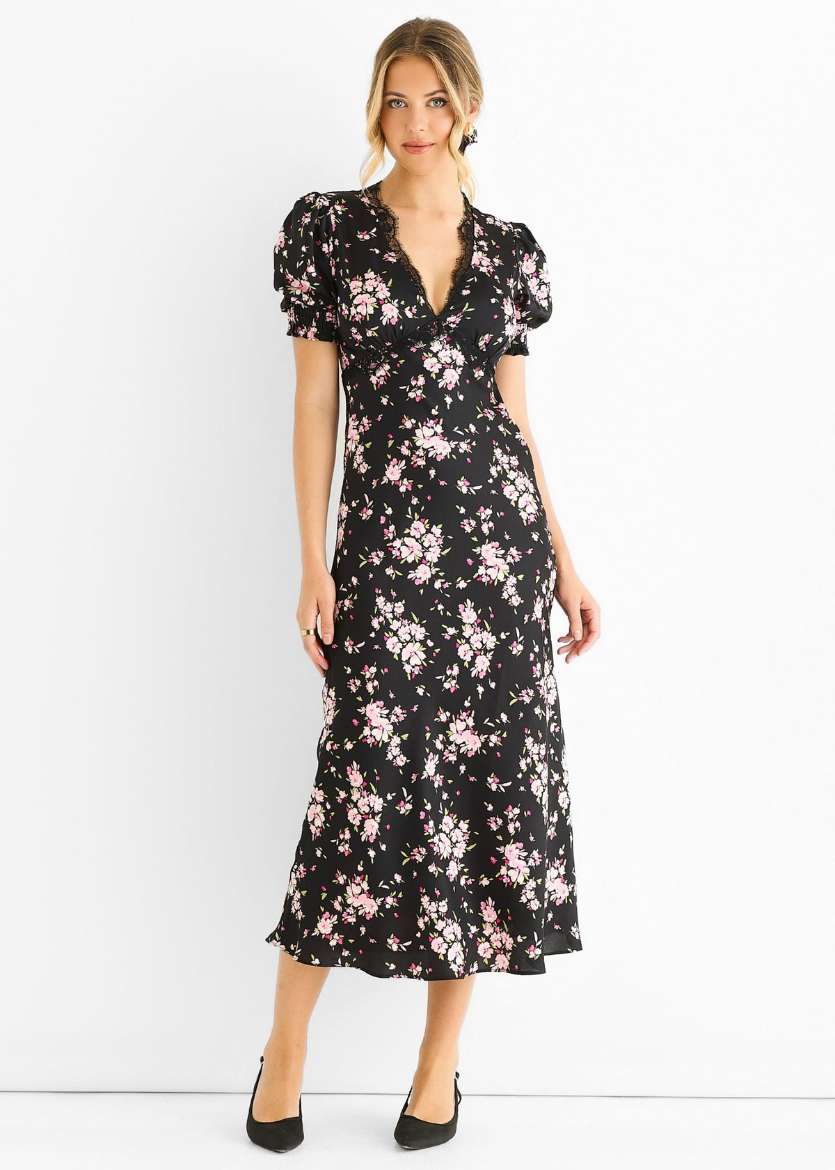 Black Floral Lace Trim Bias Midi Dress - UK 8 / US 4 / EU 36