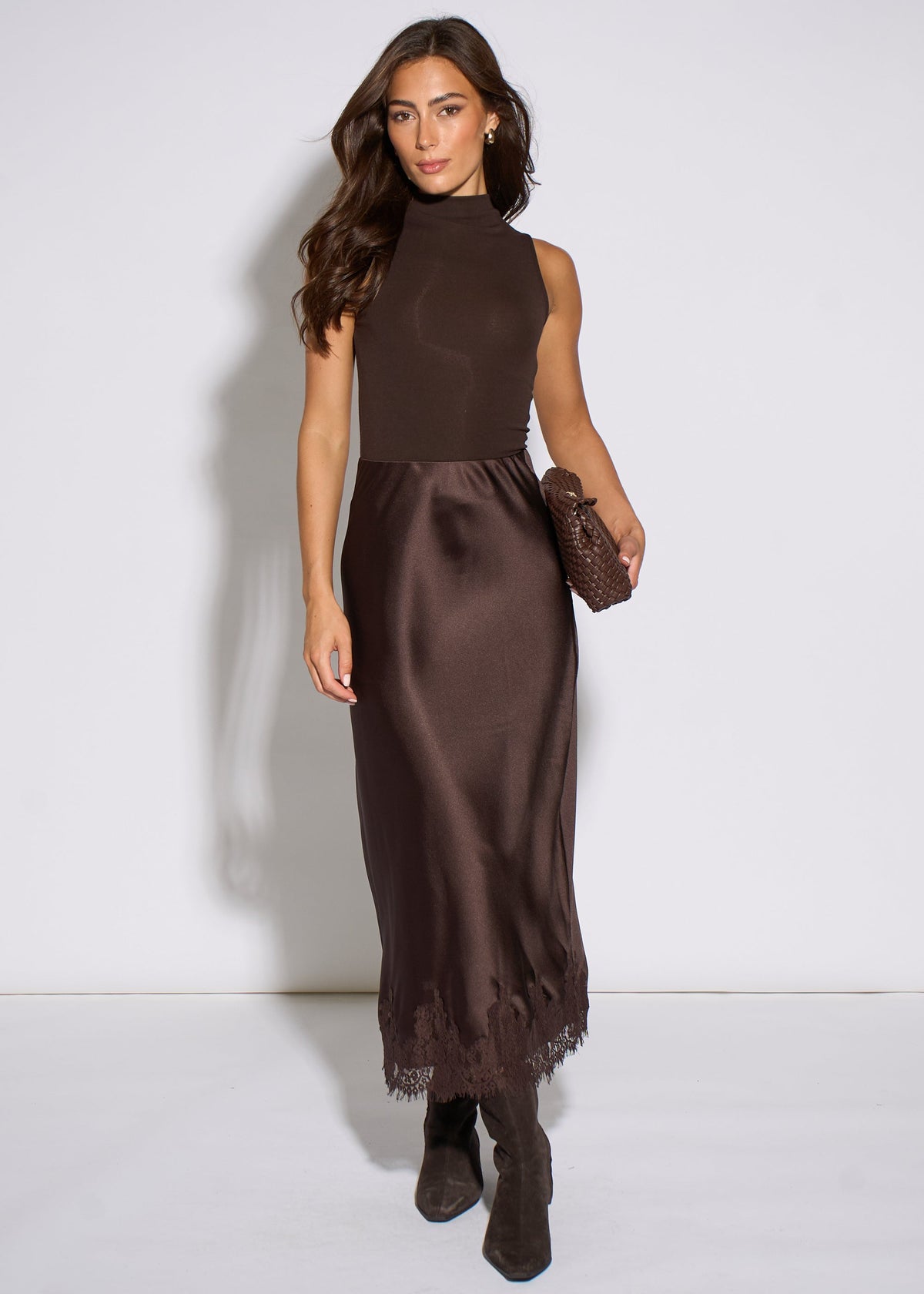 Brown Contrast Lace Trim Satin Bias Skirt
