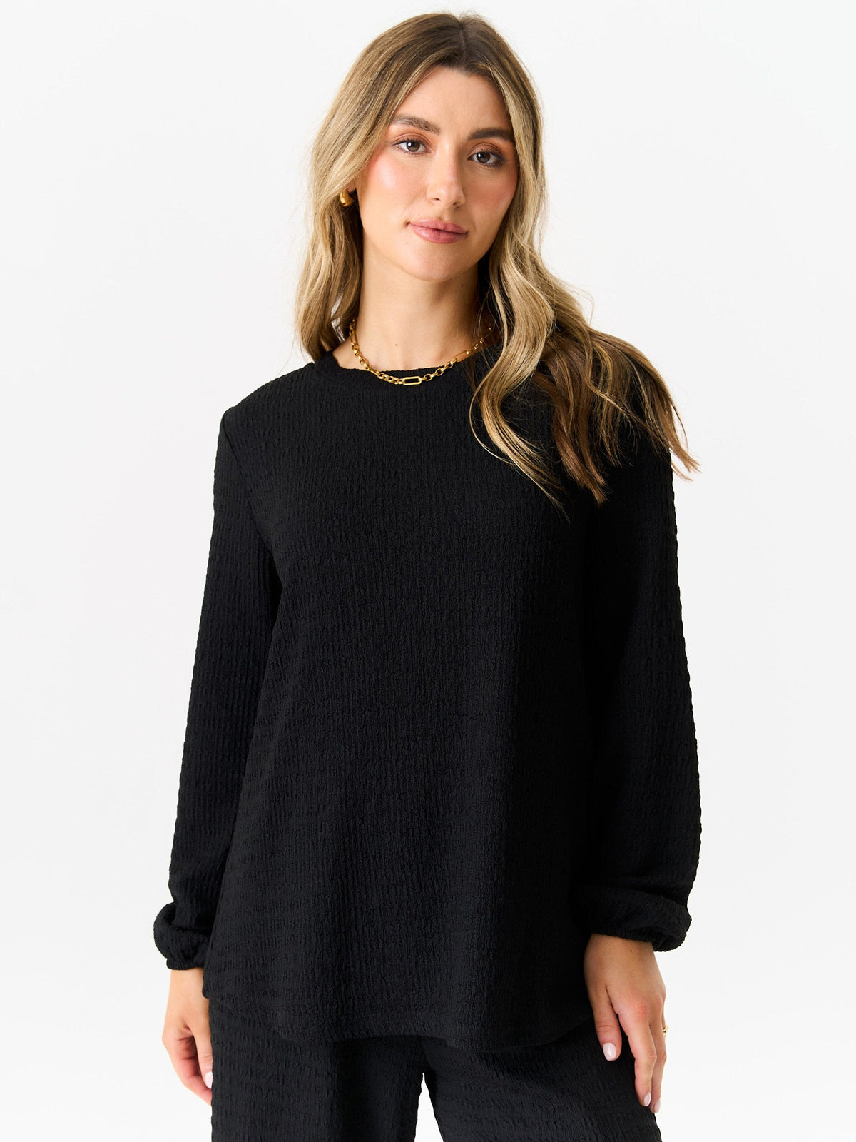 Black Textured Long Sleeves Oversized Top - S-M (UK 8-10/US 4-6/EU 36-38) / Black
