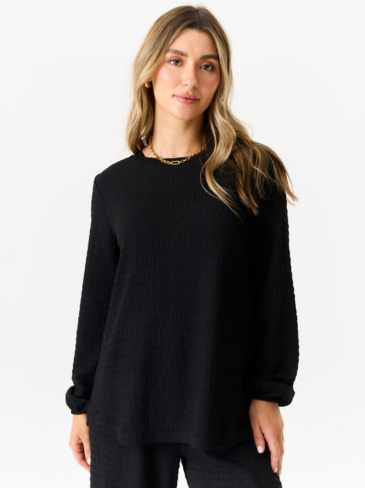 Black Textured Long Sleeves Oversized Top - S-M (UK 8-10/US 4-6/EU 36-38) / Black