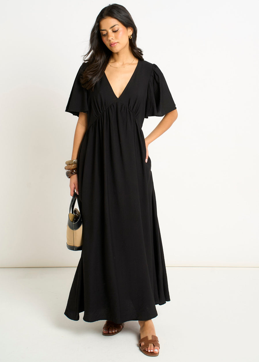 Black V Neck Angel Sleeves Skater Maxi Dress