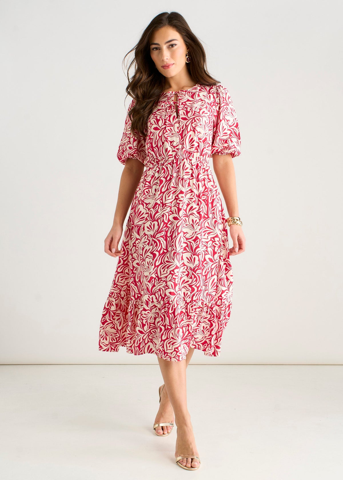 Red Paisley Print Elasticated Waist Midi Dress