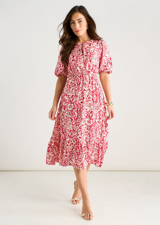 Red Paisley Print Elasticated Waist Midi Dress