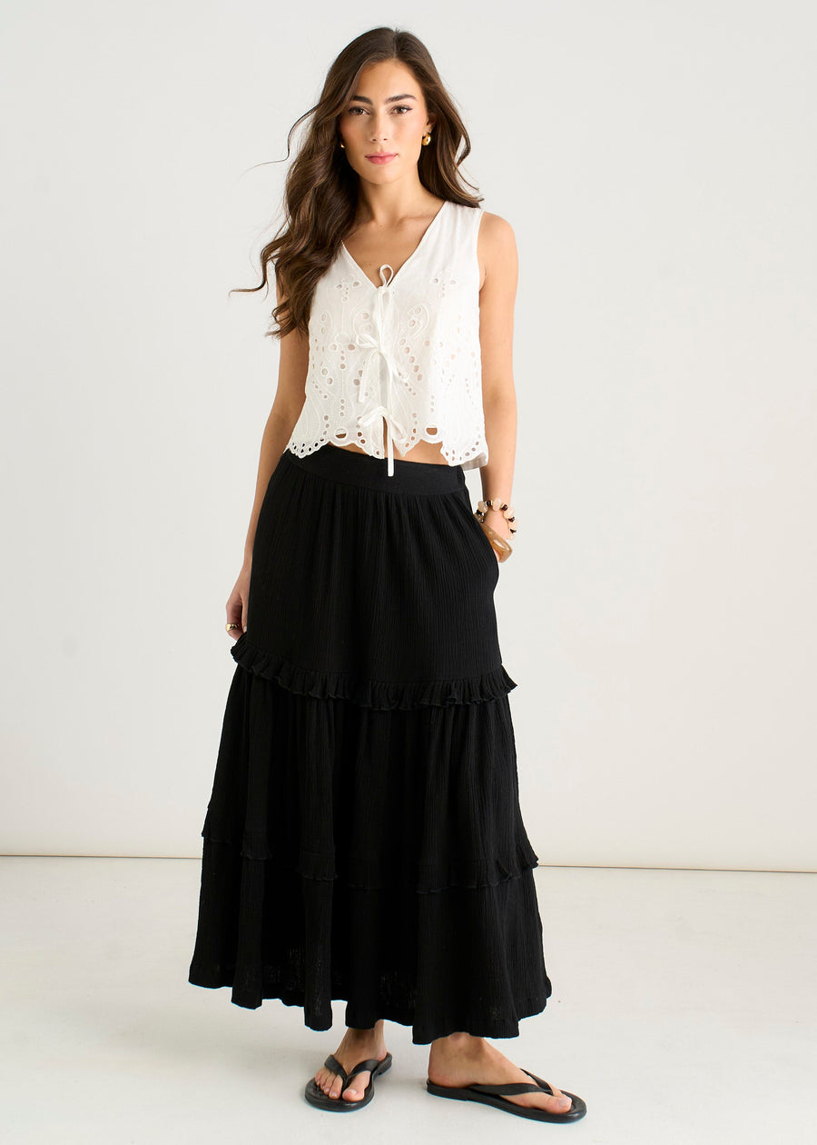 Black Tiered Cotton Skater Maxi Skirt