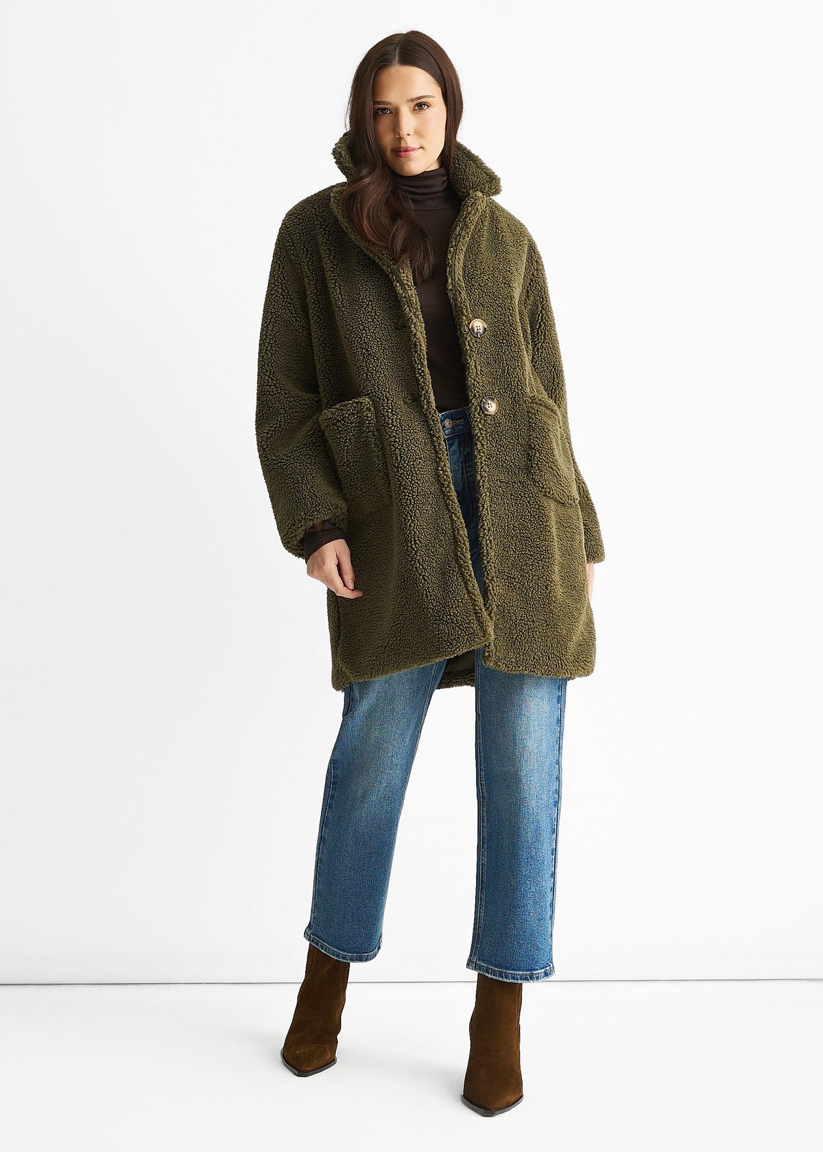 Khaki Faux Fur Longline Teddy Overcoat