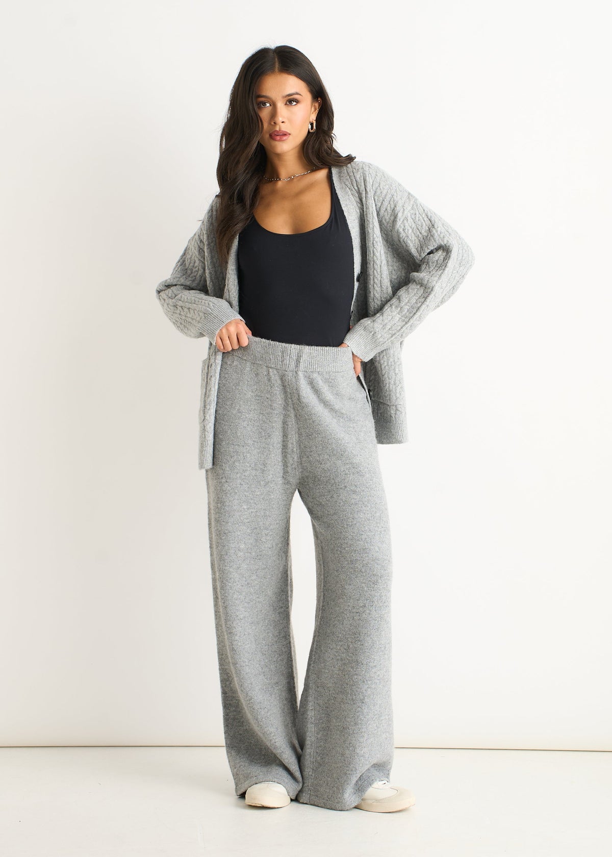 Grey Soft Knit Pull On Wide-Leg Trousers