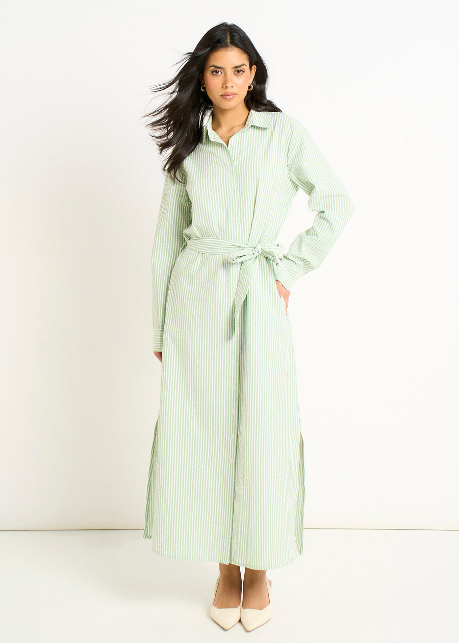Green Long Sleeves Seersucker Stripe Shirt Dress