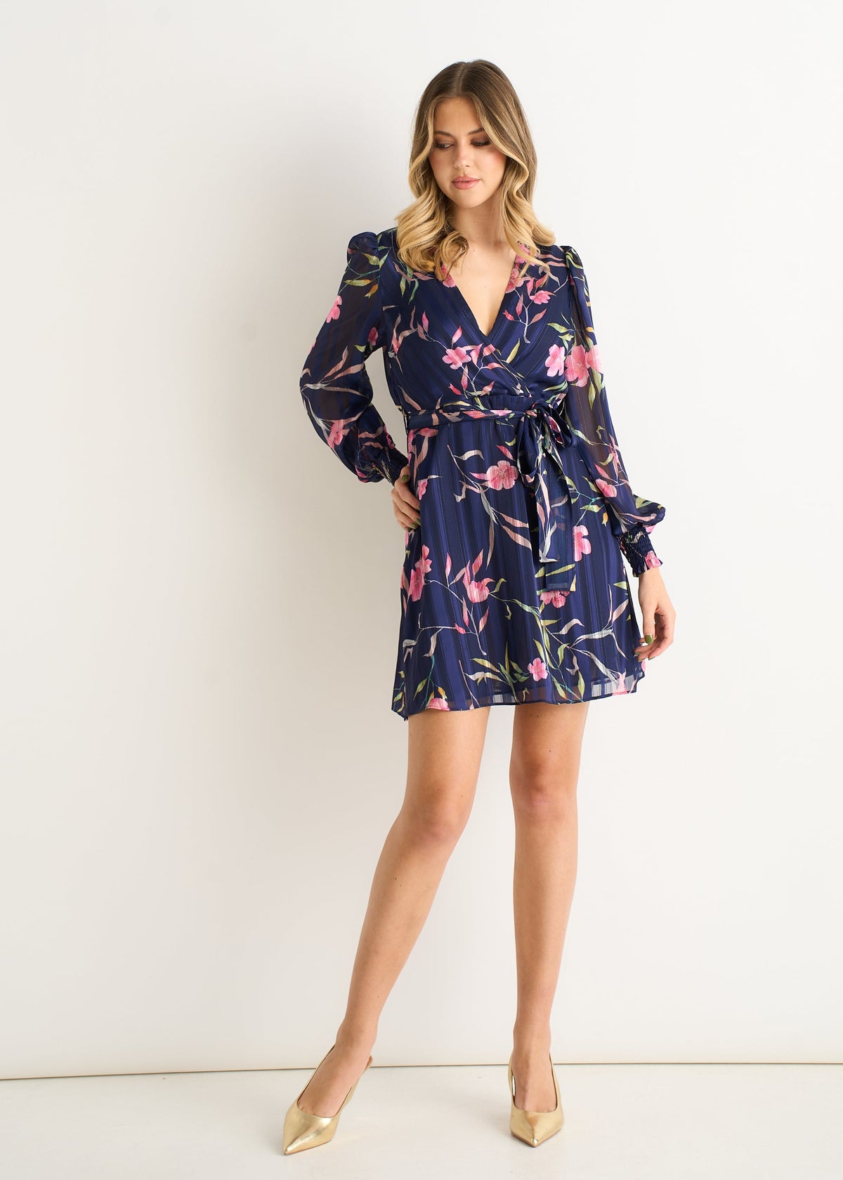 Navy Floral Print Shimmer Stripe Chiffon Wrap Mini Dress