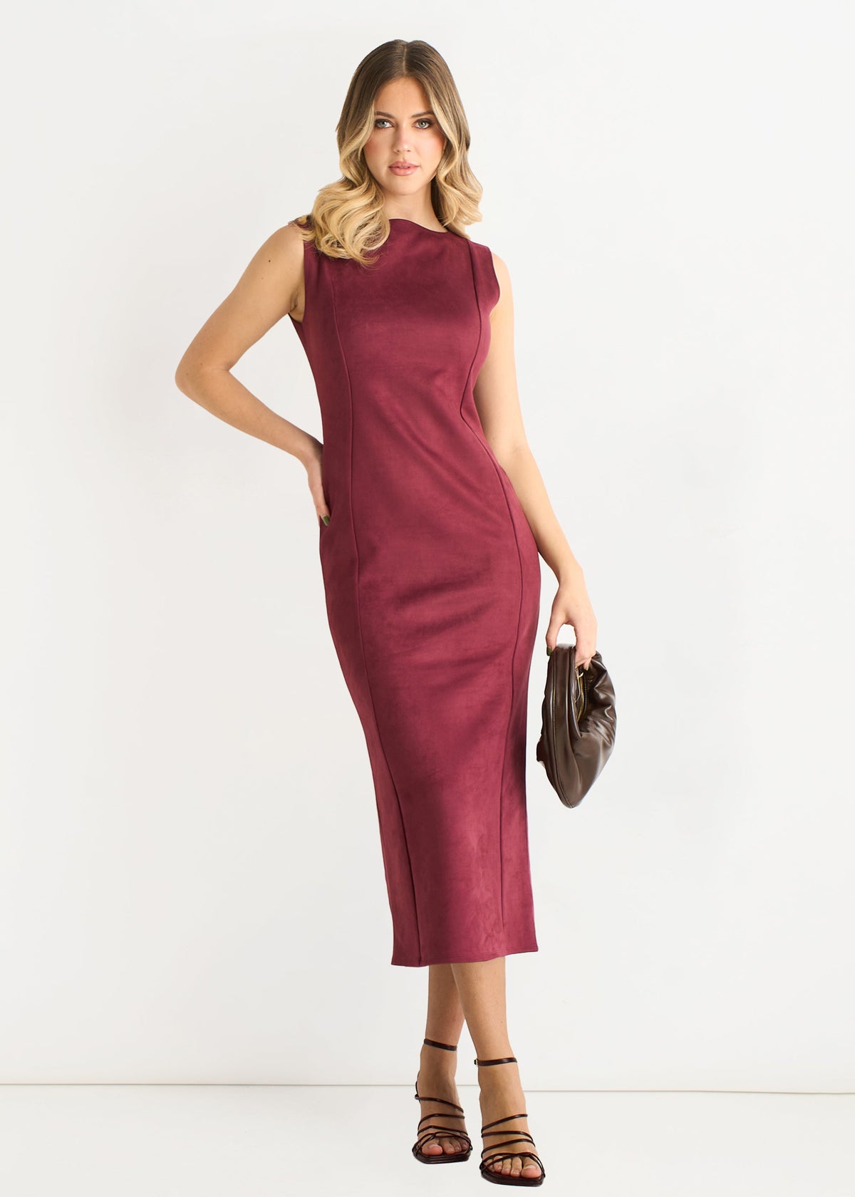 Mulberry Faux Suede Fitted Midi Dress