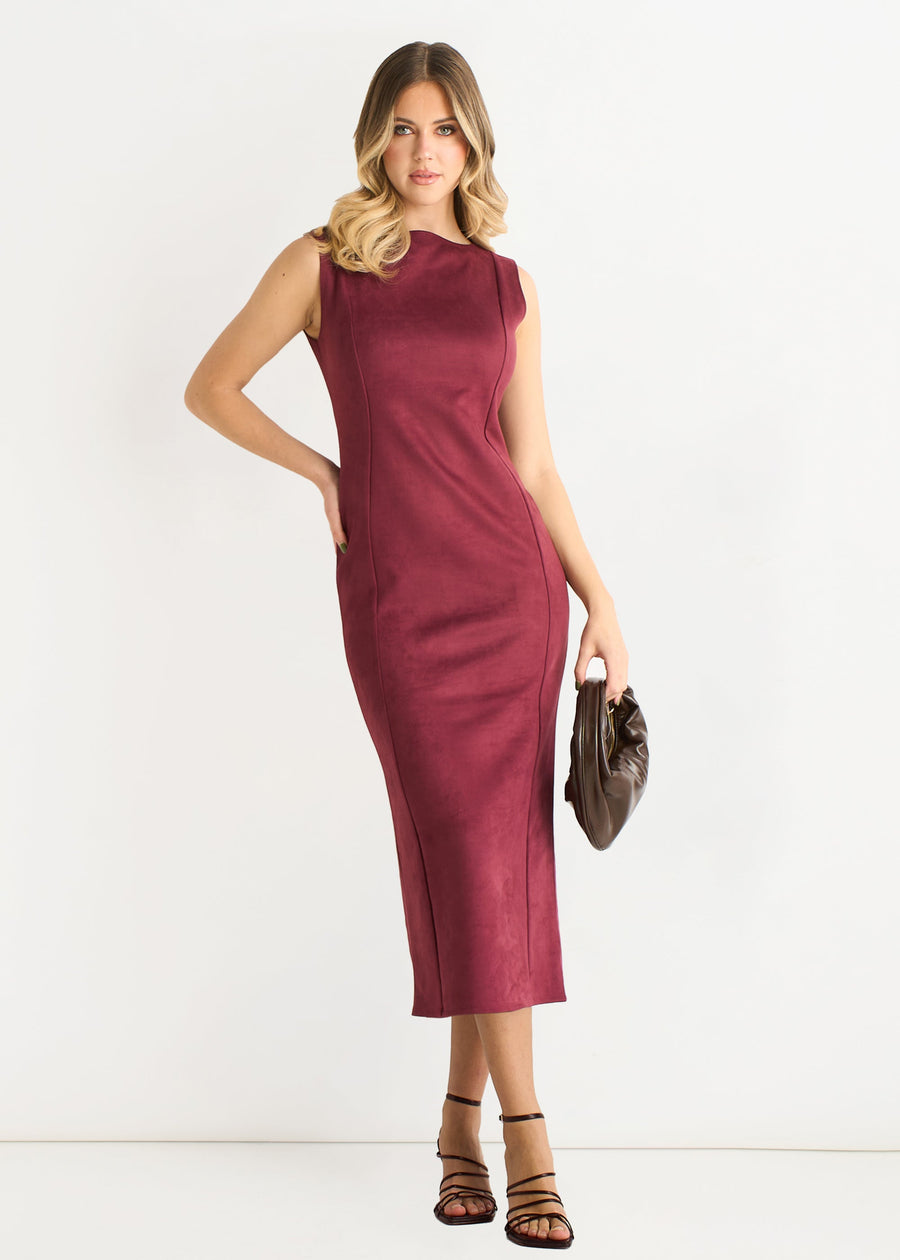 Mulberry Faux Suede Fitted Midi Dress