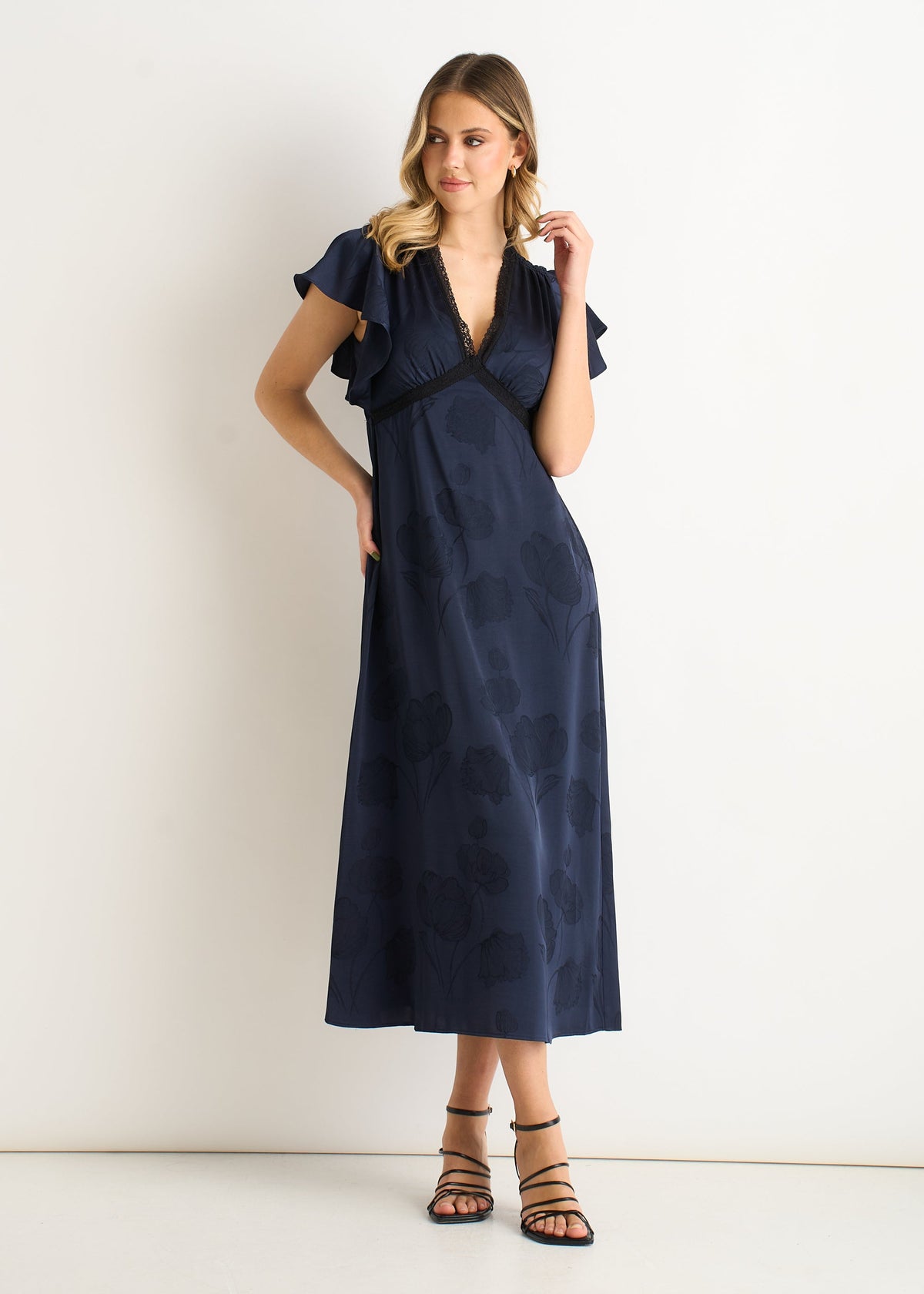 Navy Floral Satin Jacquard Lace Trim Midi Dress