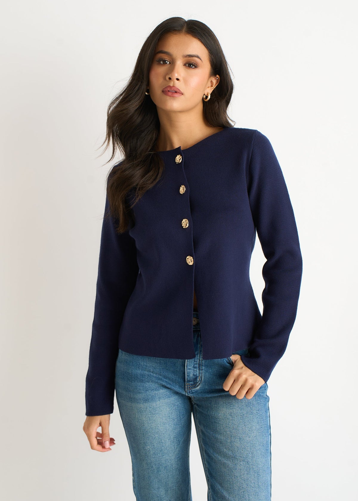 Navy Gold Buttons Ribbed Knit Cardigan