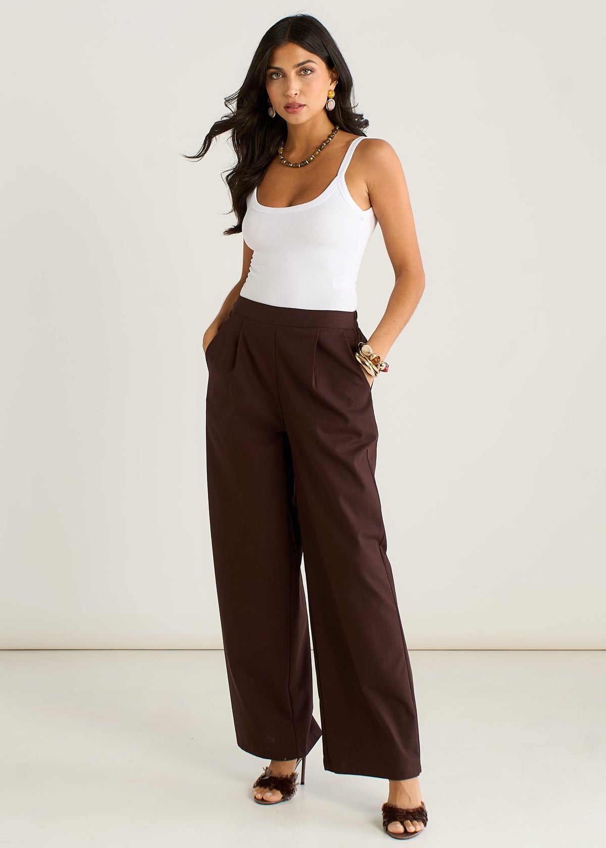 Brown Cotton and Linen Blend Wide Leg Trouser