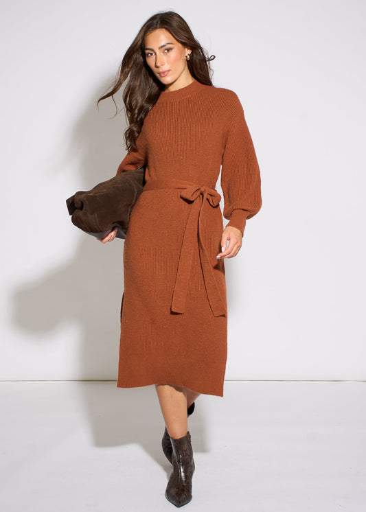 Tan Belted Knitted Long Sleeve Dress
