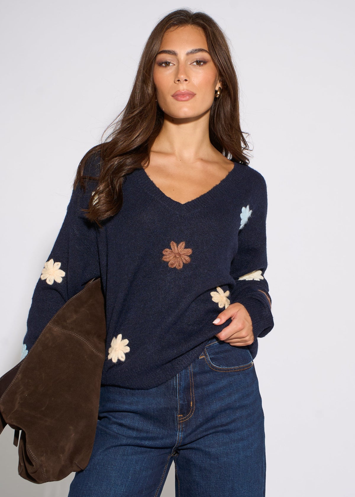Navy Crochet 3D Floral Knitted Jumper