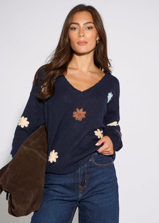 Navy Crochet 3D Floral Knitted Jumper