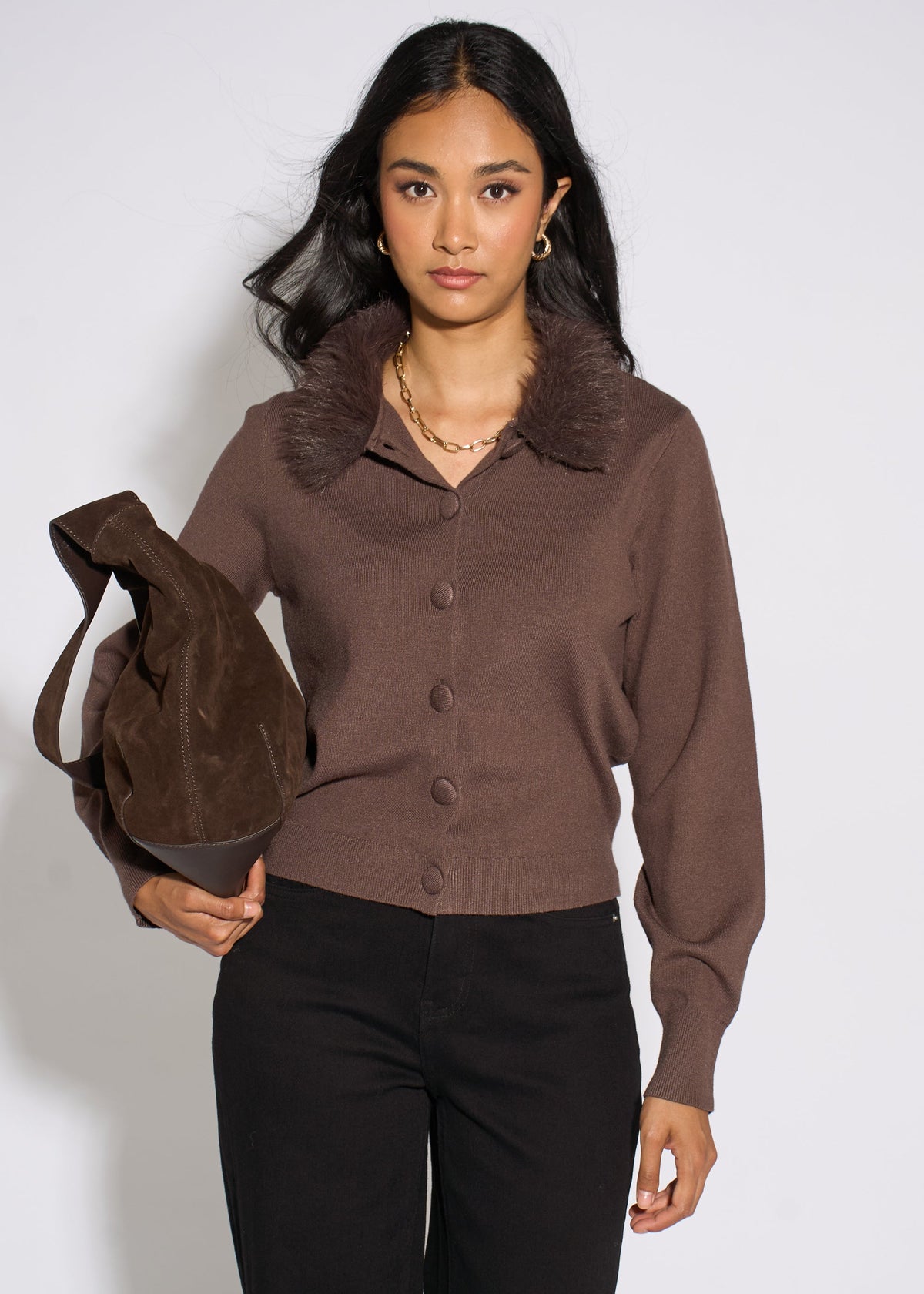 Brown Fur Trim Cardigan