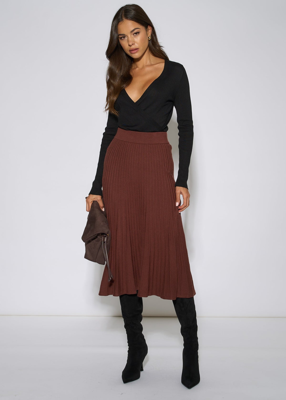 Brown Pleat Detail Knitted Flared Midi Skirt