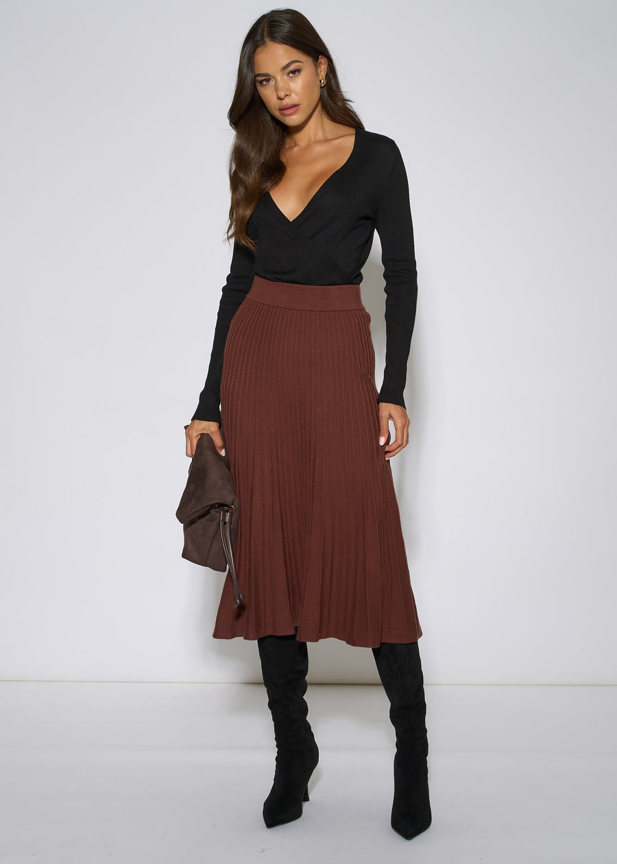 Brown Pleat Detail Knitted Flared Midi Skirt