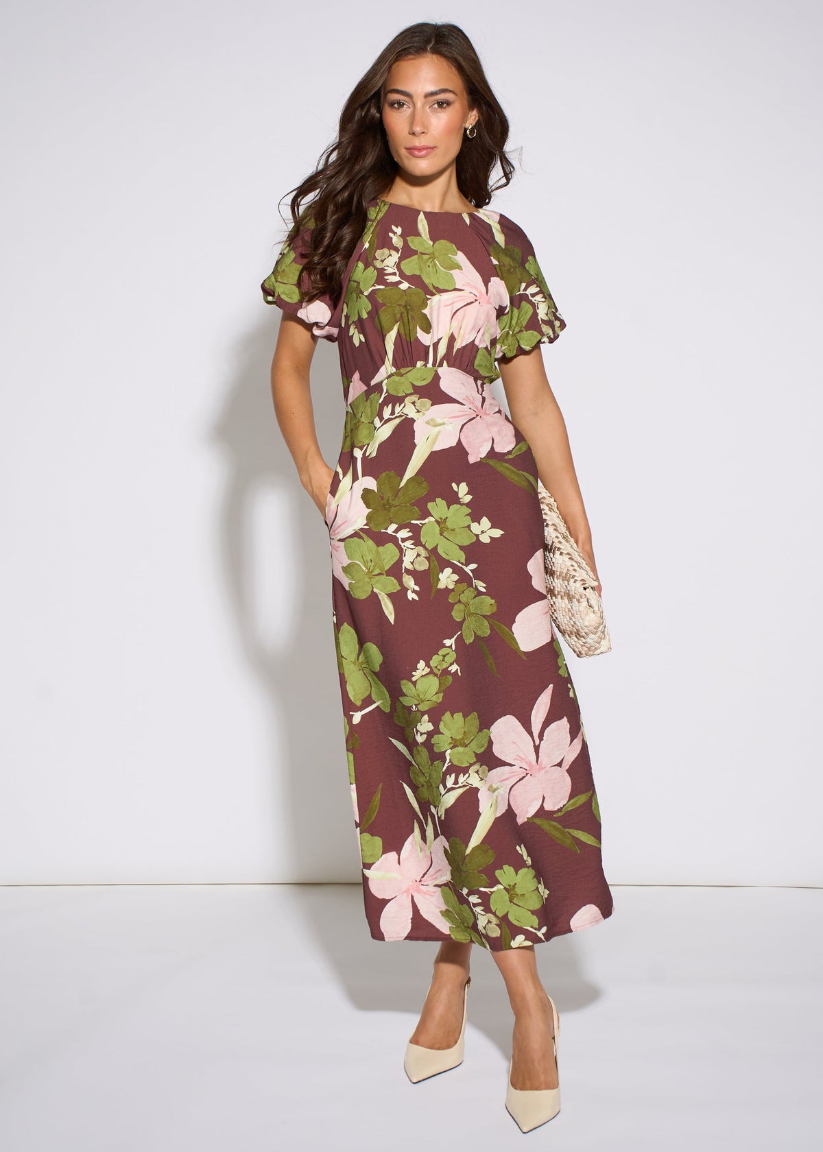 Brown Floral Puff Sleeves Midi Dress