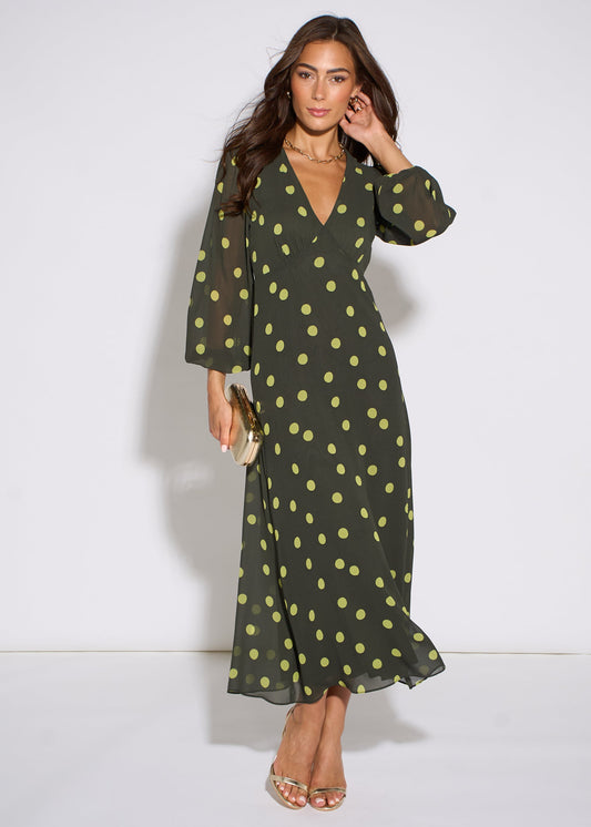 Green Lime Spot V Neck Midi Dress