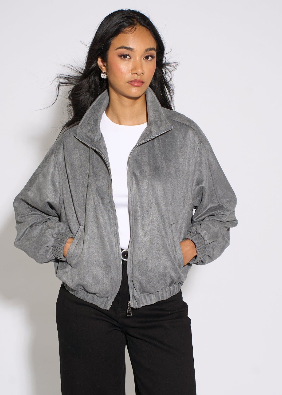 Grey Faux Suede Funnel Neck Bomber Jacket - UK 8 / US 4 / EU 36
