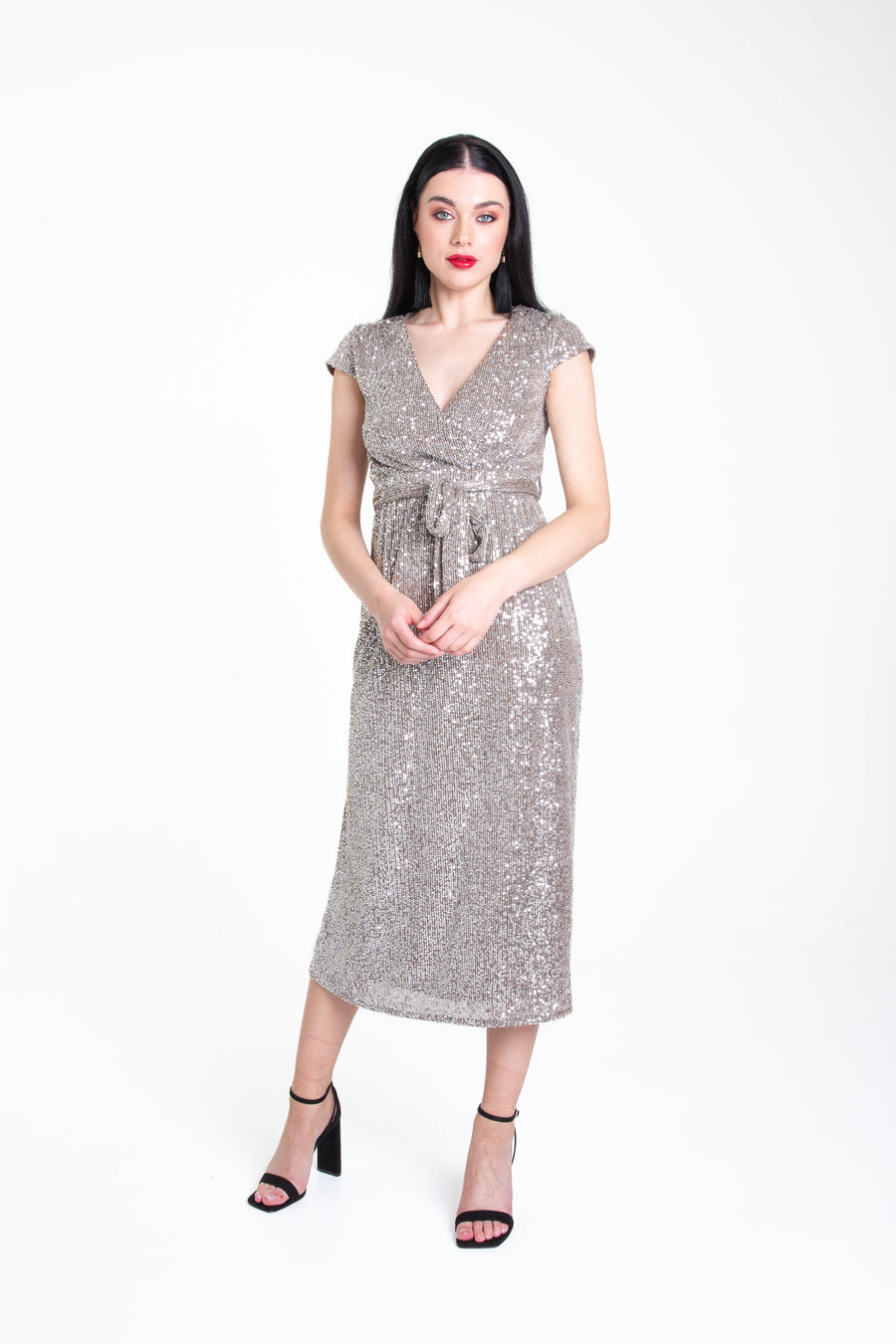 Gun Metal Sequin Belted Midi Wrap Dress
