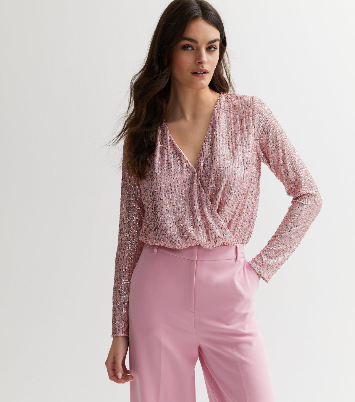 Blush Sequin Wrap Long Sleeve Bodysuit