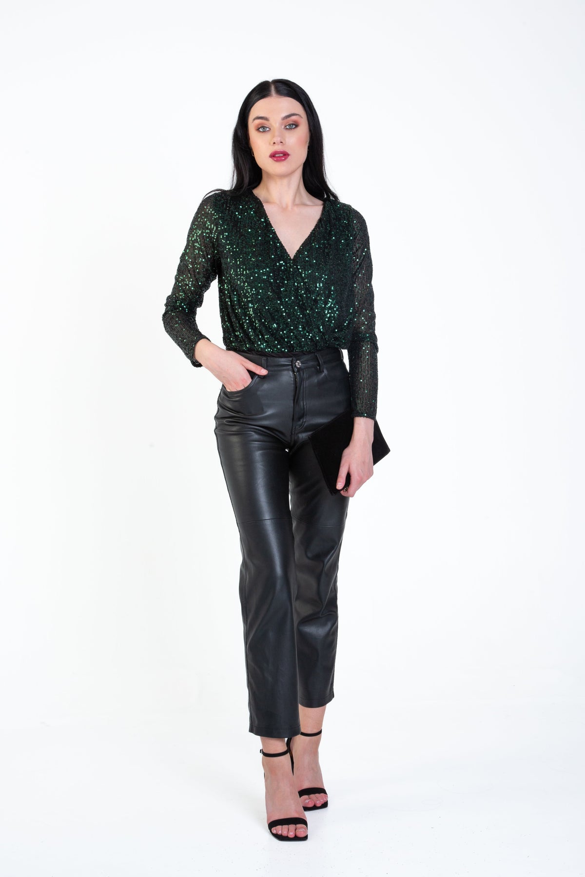 Green Sequin Wrap Long Sleeves Bodysuit