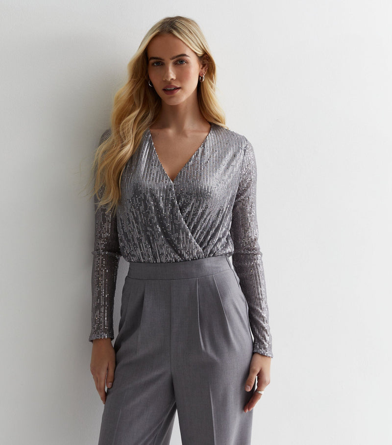 Gun Metal Sequin Wrap Long Sleeves Bodysuit